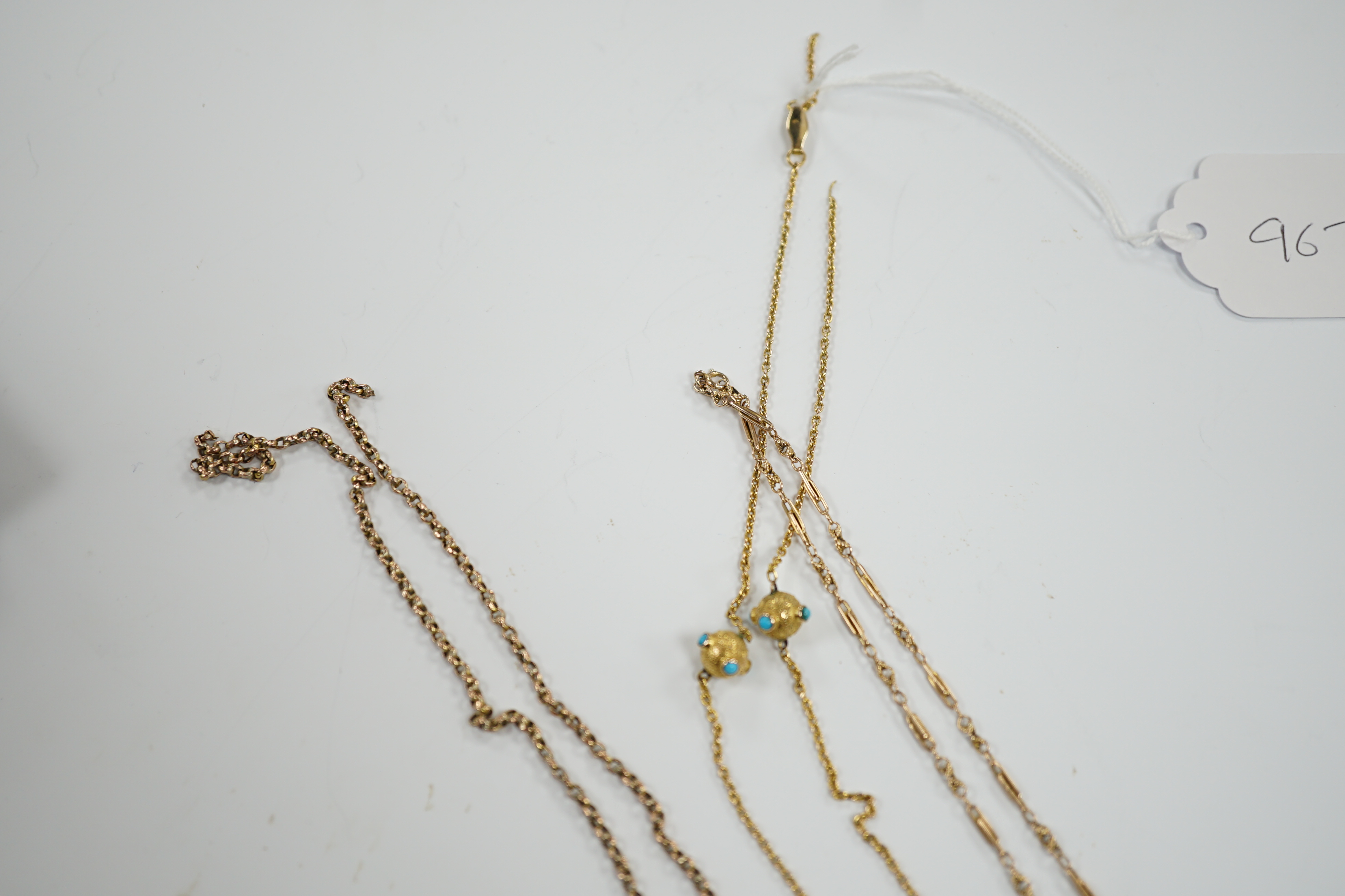 A 9ct and turquoise set chain (a.f.) and two other yellow metal chains (a.f.), gross 17.9 grams.